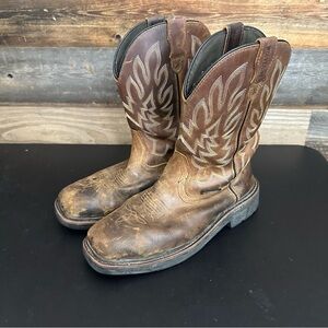 WOLVERINE Mens Brown Leather Rancher Square Toe 9 EW Wellington Steel Toe Boots